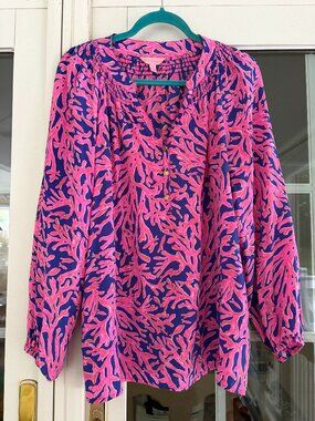 Lilly Pulitzer Elsa Silk Top Pink & Navy Coral Print Size XL